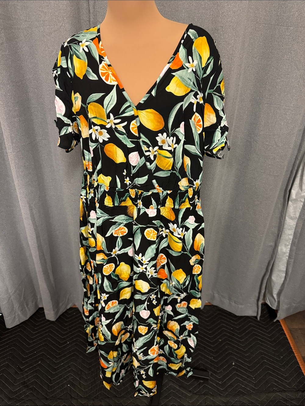 Bloomchic Black Midi Dress with Yellow Lemon Print and V-Neck